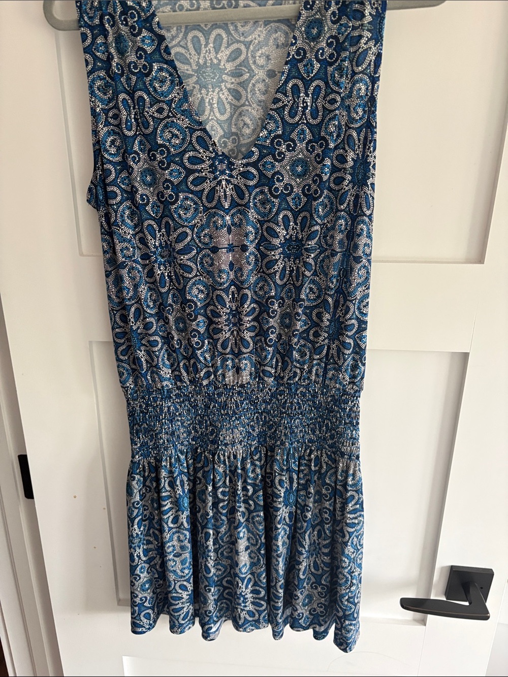 Veronica M Blue Floral-Geometric V-Neck Smocked Waist Dress